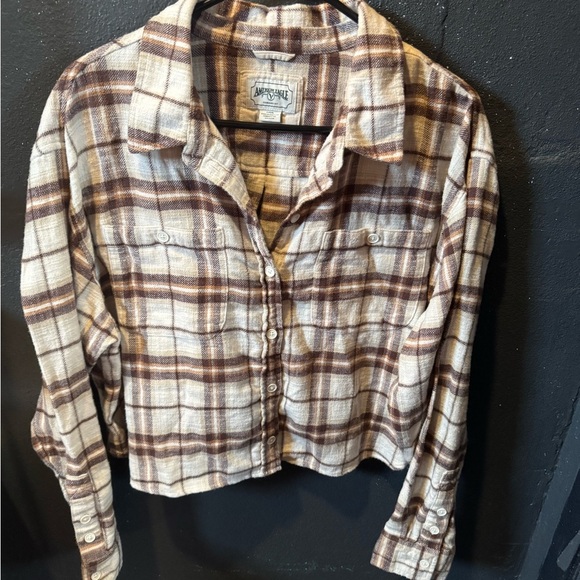 Women’s American Eagle Outfitters Brown and Cream Button Down Crop Shirt - Picture 1 of 3